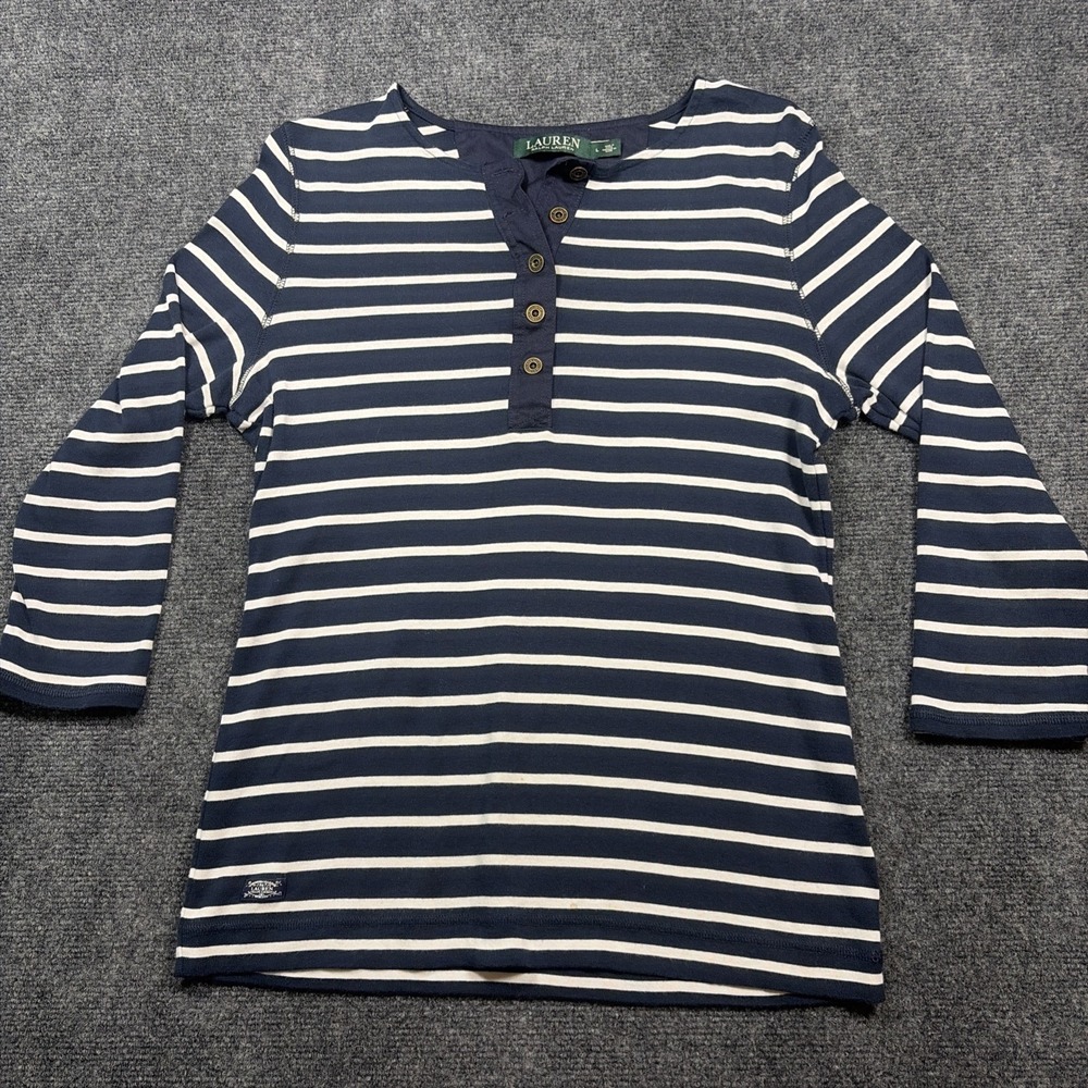 Lauren Ralph Lauren Shirt Women's L Blue White Stripe Henley Preppy Nautical
